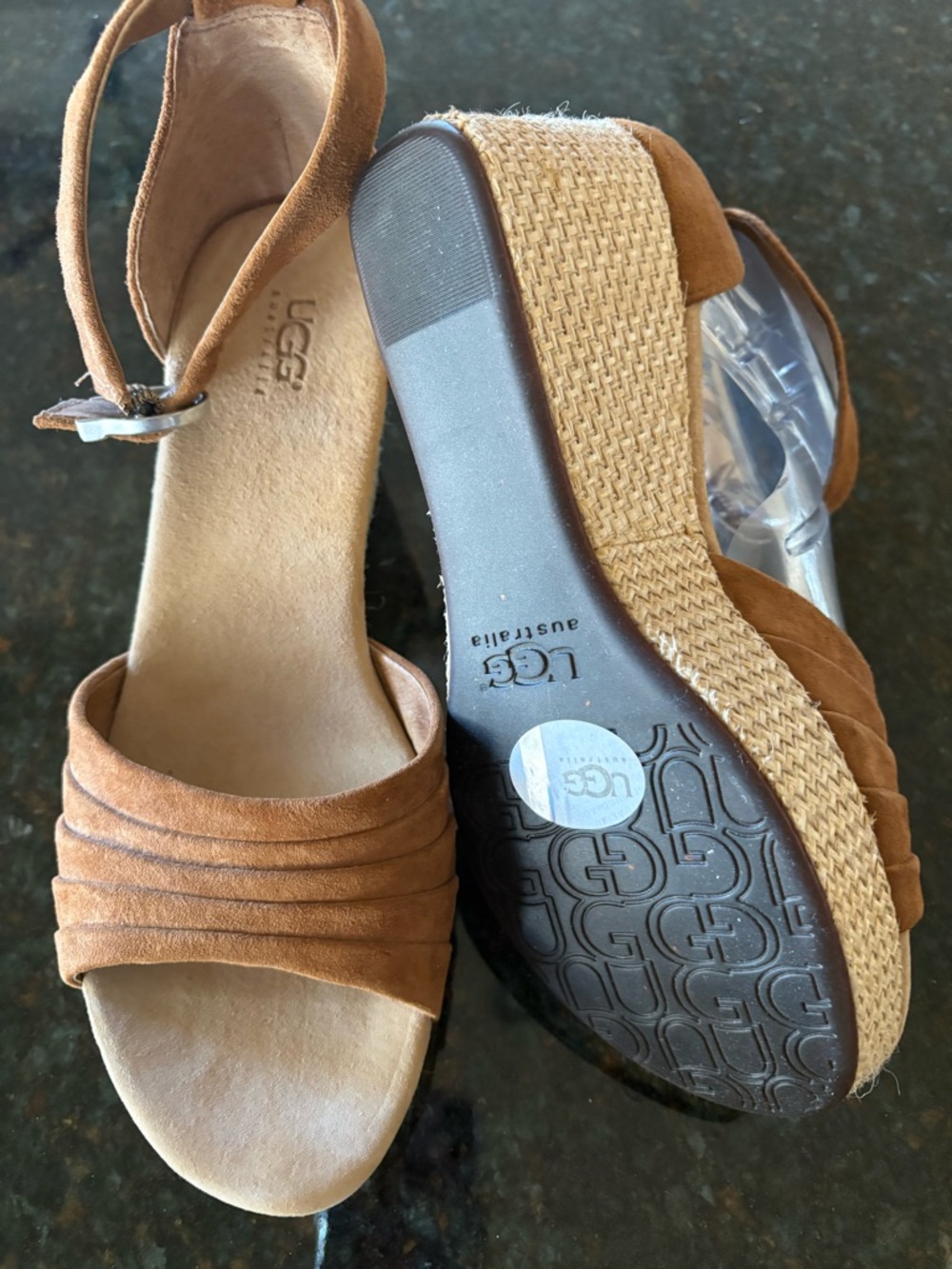 UGG Women’s Brown Suede Wedge Sandals with Ankle Strap